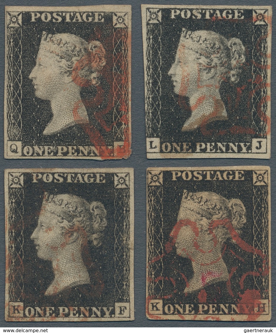 Großbritannien: 1840 PENNY BLACK: Four Single Stamps Used And Cancelled By Red Maltese Cross, With 1 - Other & Unclassified