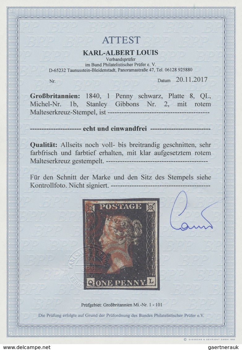 Großbritannien: 1840, 1d. Black, Plate 8, Lettered Q-L, Fresh Colour And Close To Full Margins, Neat - Other & Unclassified