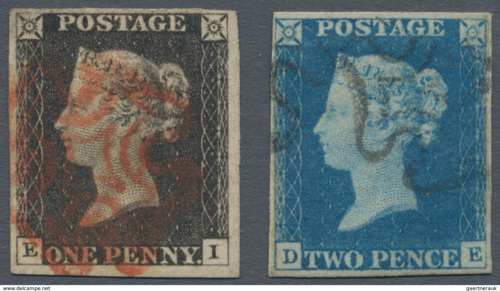 Großbritannien: 1840 1d. Black, Lettered E-I, Cancelled By Fine Strike Of Red MC, And 2d. Blue, Lett - Autres & Non Classés