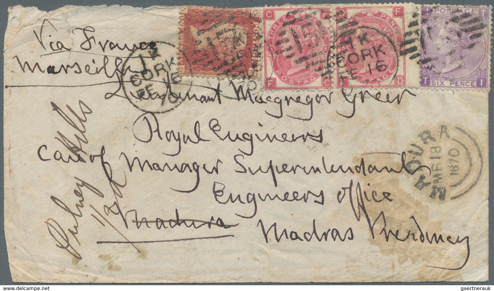 Großbritannien: 1870. Envelope (roughly Opened, Toned And A Few Spots) Addressed To 'Lieutenant Macg - Autres & Non Classés