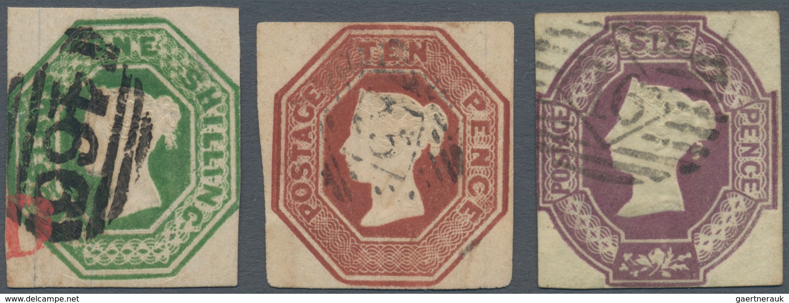 Großbritannien: 1847-54 Embossed 1s. Green, 10s. Brown And 6s. With Watermark Inverted, All Used And - Autres & Non Classés