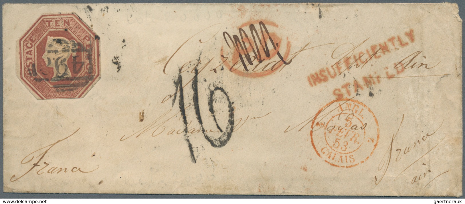 Großbritannien: 1853. Envelope (toned) Addressed To France Bearing 'Embossed' SG 57, 10d Brown (cut - Other & Unclassified