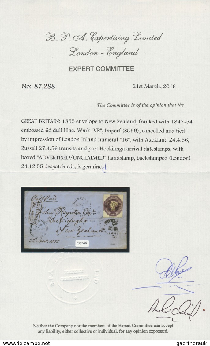 Großbritannien: 1855 Envelope To New Zealand, Franked With 1847-54 Embossed 6d Dull Lillac, Wmk "VR" - Autres & Non Classés