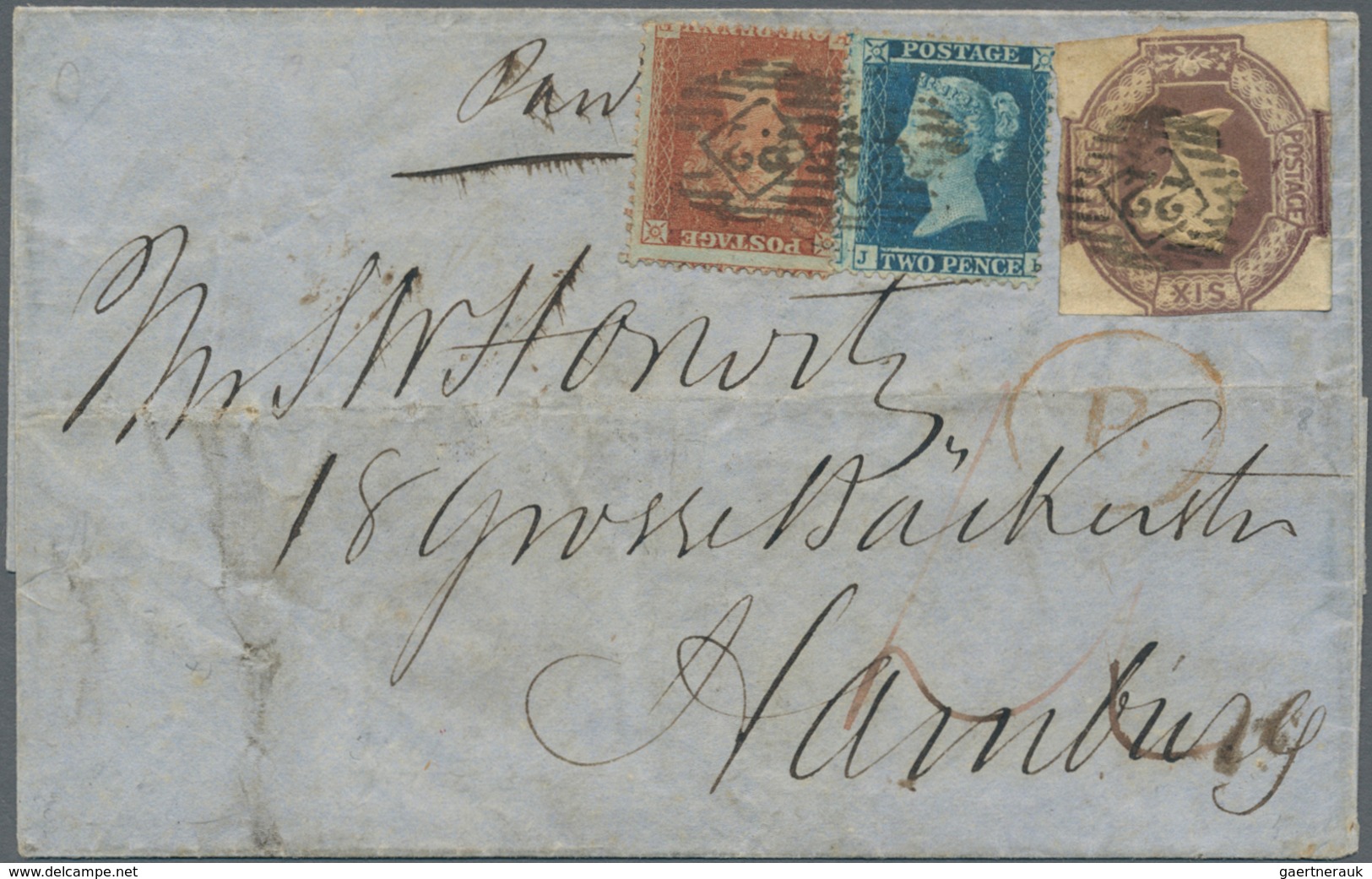 Großbritannien: 1855 Letter From London To Hamburg Bearing Embossed 6d. Purple (cut Square) And 1855 - Other & Unclassified