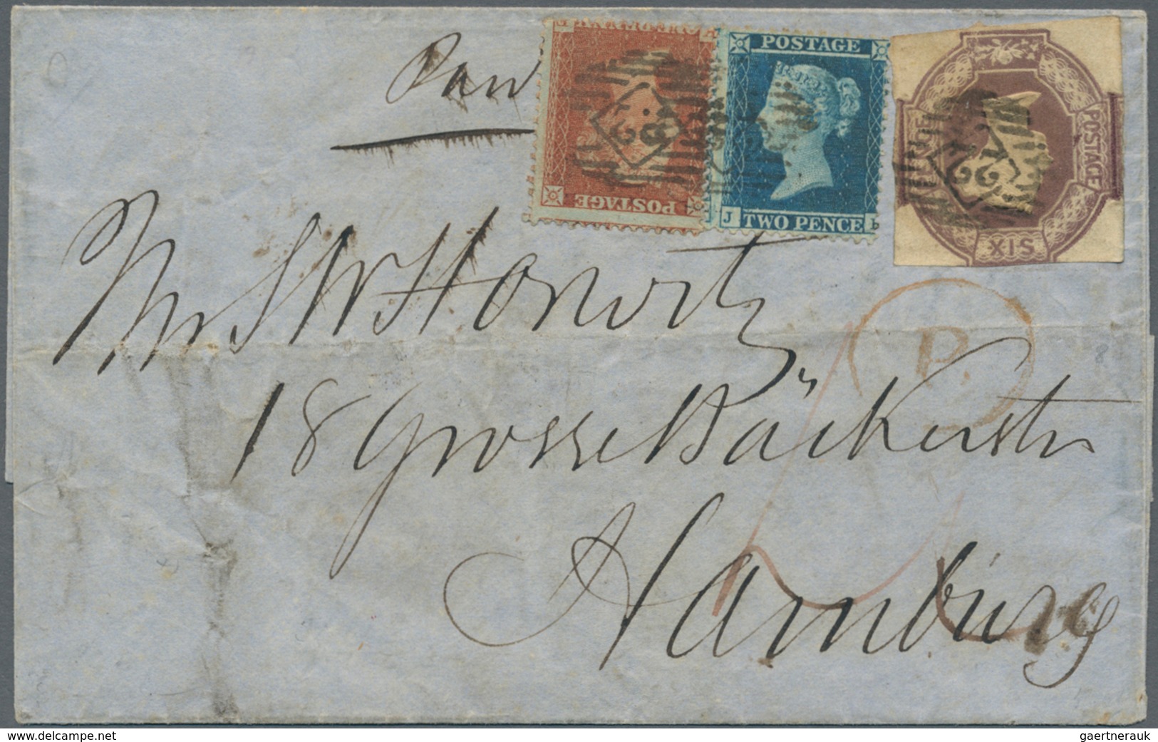 Großbritannien: 1855 Letter From London To Hamburg Bearing Embossed 6d. Purple (cut Square) And 1855 - Sonstige & Ohne Zuordnung