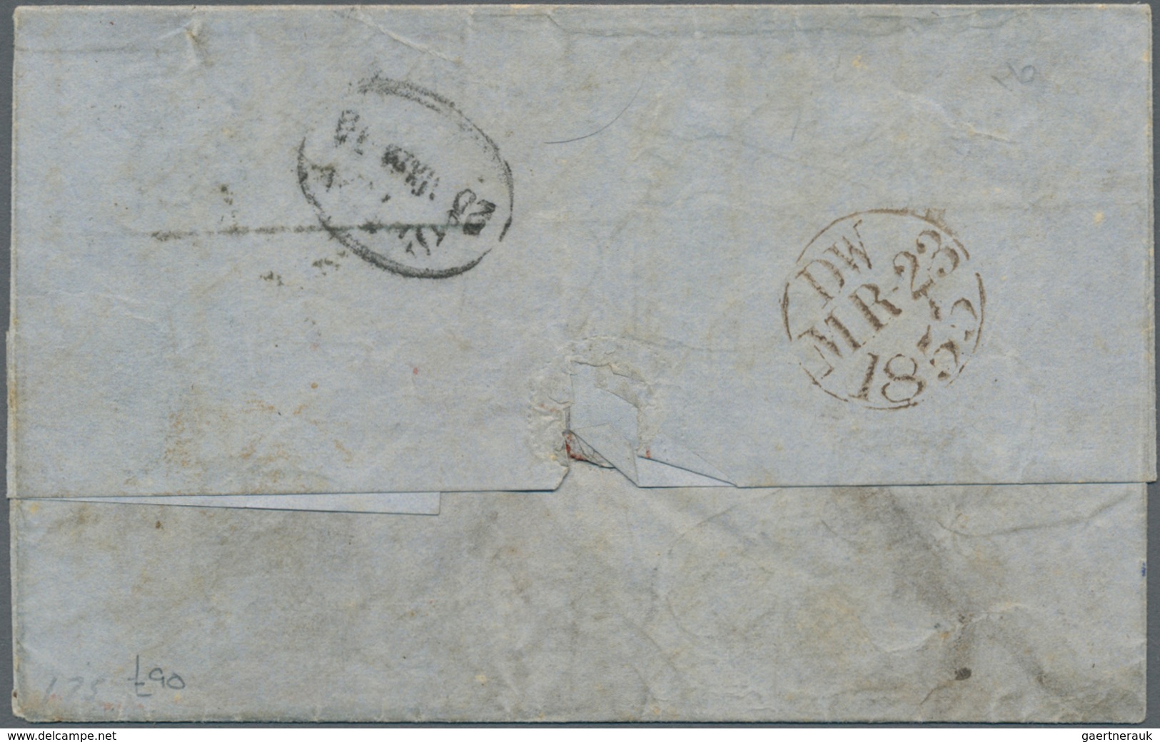 Großbritannien: 1855 Letter From London To Hamburg Bearing Embossed 6d. Purple (cut Square) And 1855 - Autres & Non Classés