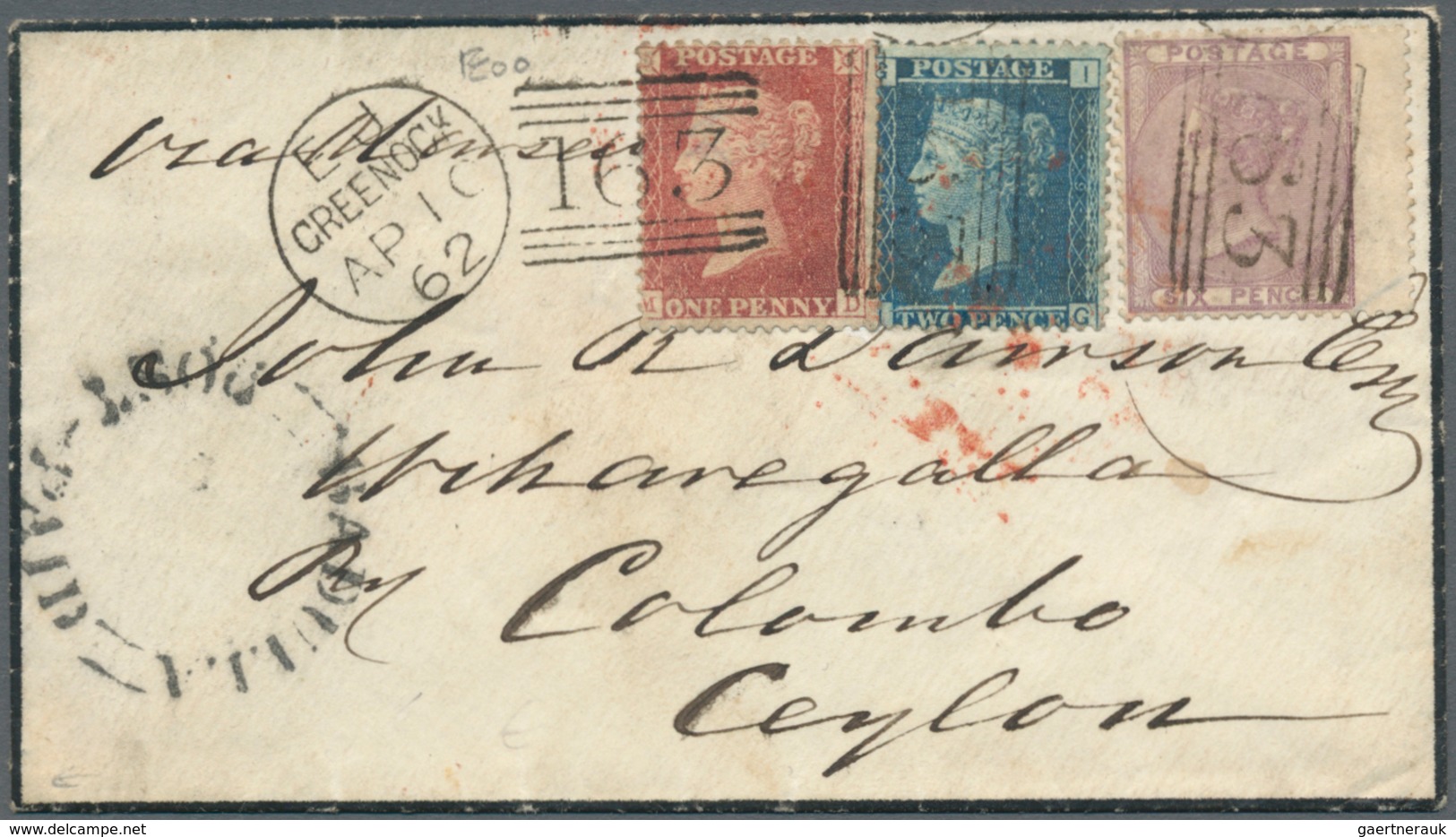 Großbritannien: 1862 Destination CEYLON: Small Mourning Cover From Greenock, Scotland To A Small Tow - Other & Unclassified