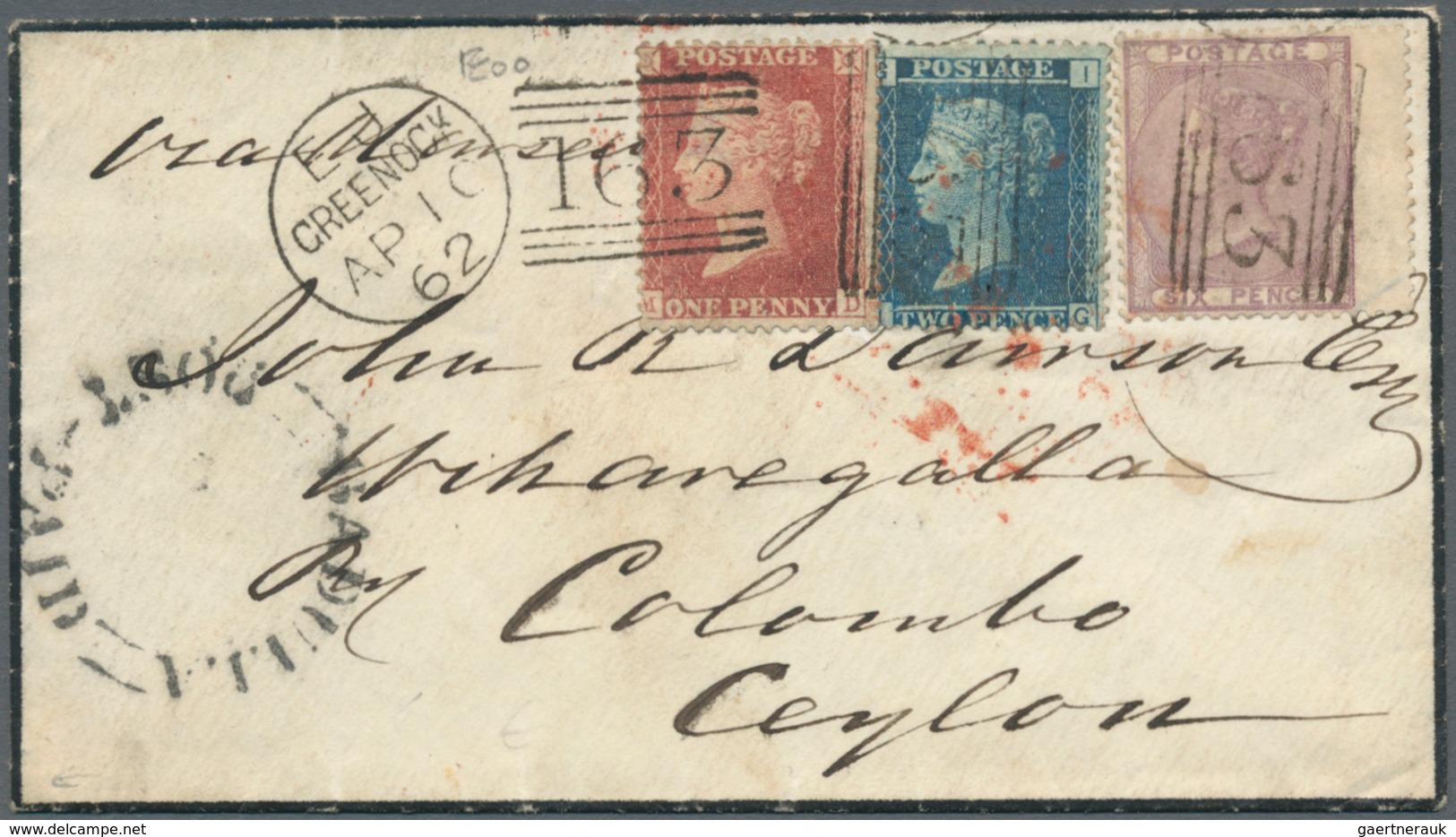 Großbritannien: 1862 Destination CEYLON: Small Mourning Cover From Greenock, Scotland To A Small Tow - Sonstige & Ohne Zuordnung