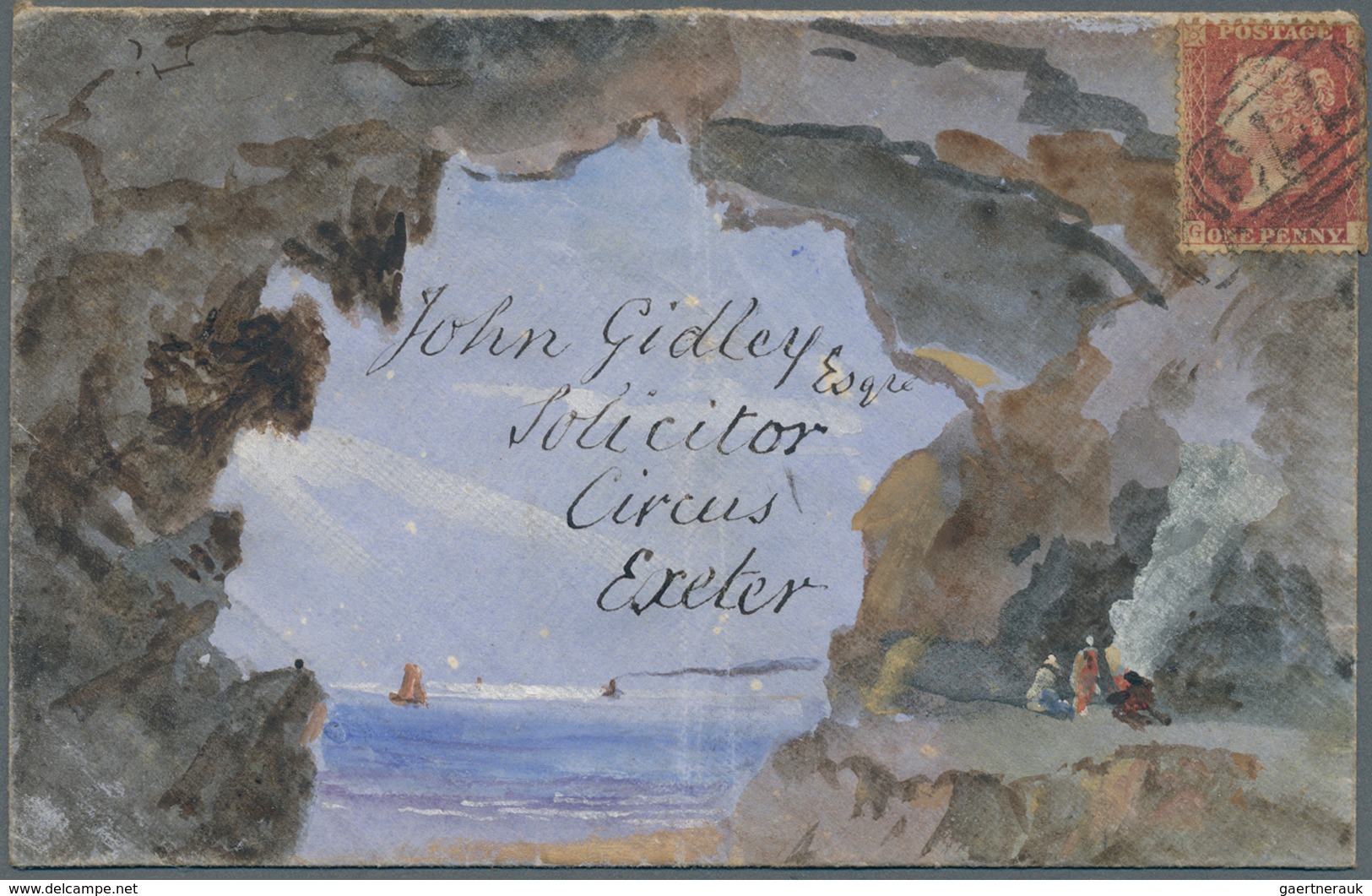 Großbritannien: 1862. Hand Painted Envelope (faults, Vertical Fold) Addressed To Exeter Bearing 1d P - Autres & Non Classés