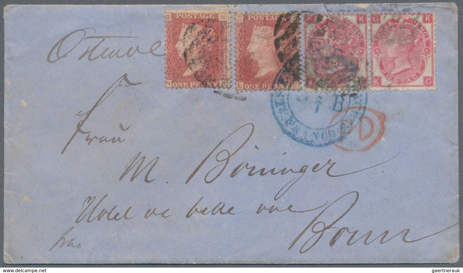 Großbritannien: 1867, Letter From London To Bonn, Germany Frankes With 2 Pieces 0f 1 D QV With Plate - Autres & Non Classés