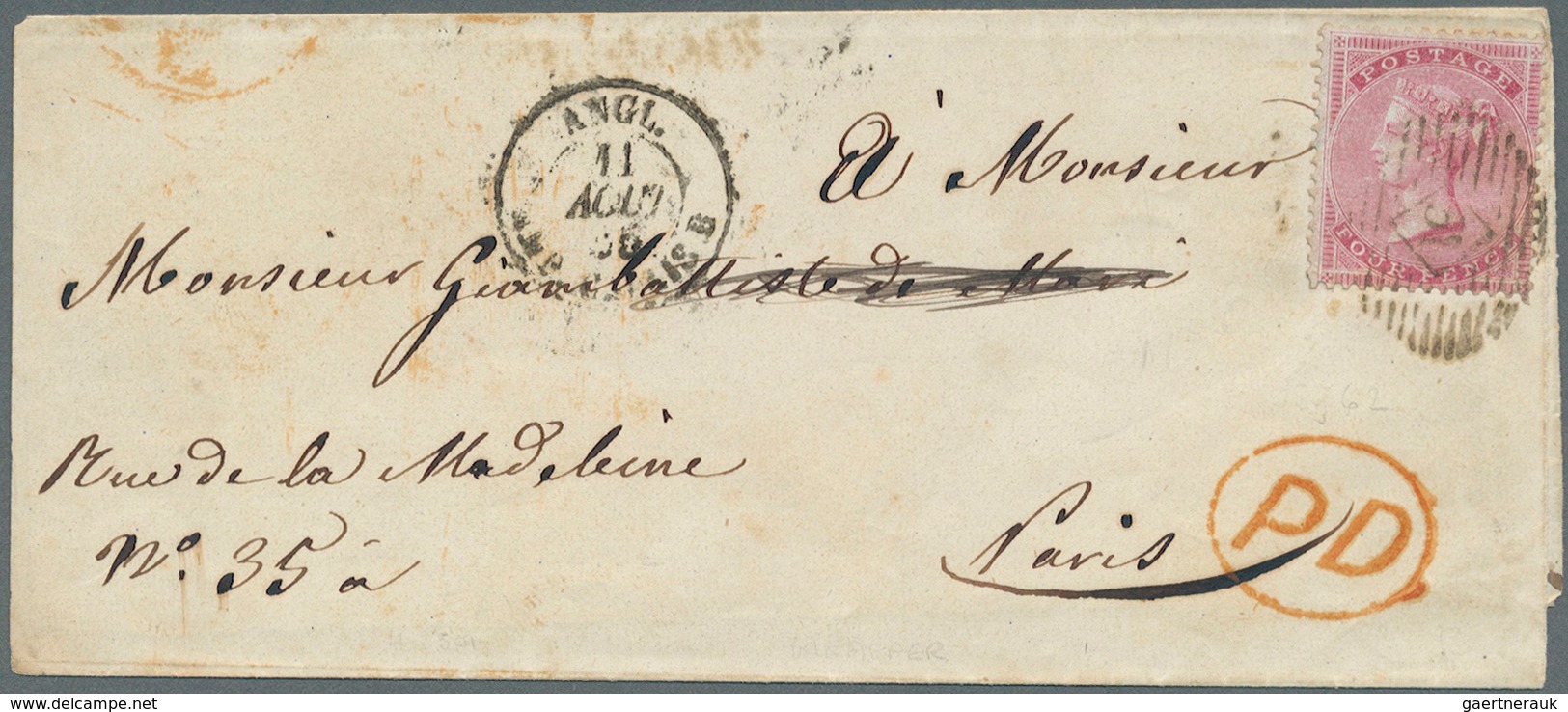 Großbritannien: 1855 (August), Selfmade Wrapper Bearing Single QV 4d Carmine Wmkd. Small Garter On B - Sonstige & Ohne Zuordnung