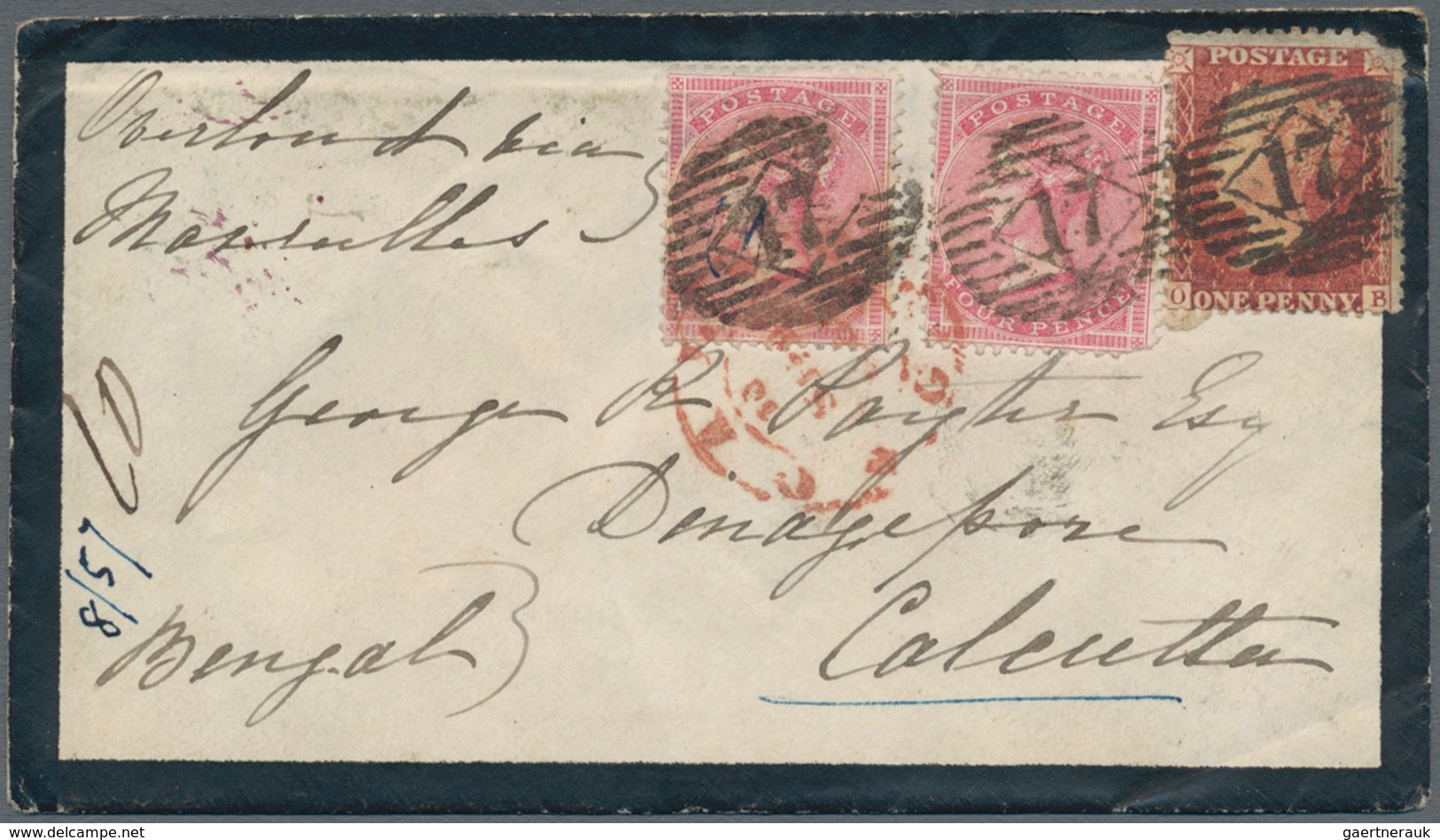 Großbritannien: 1857, 4d. Rose-carmine (2) And 1d. Red, 9d. Rate On Mourning Cover From "LONDON AU 1 - Autres & Non Classés