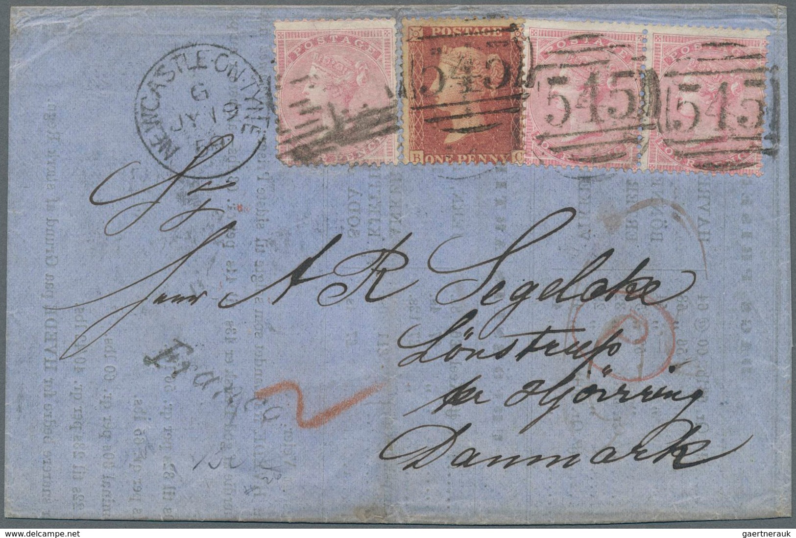 Großbritannien: 1859 Destination DENMARK: Printed Letter From Newcastle-on-Tyne To Sönstrup, Denmark - Autres & Non Classés