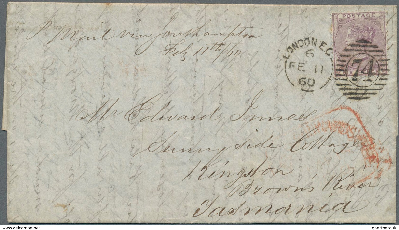 Großbritannien: 1860 Destination TASMANIA: Entire Letter From London To Kingston, Brown's River, Tas - Other & Unclassified