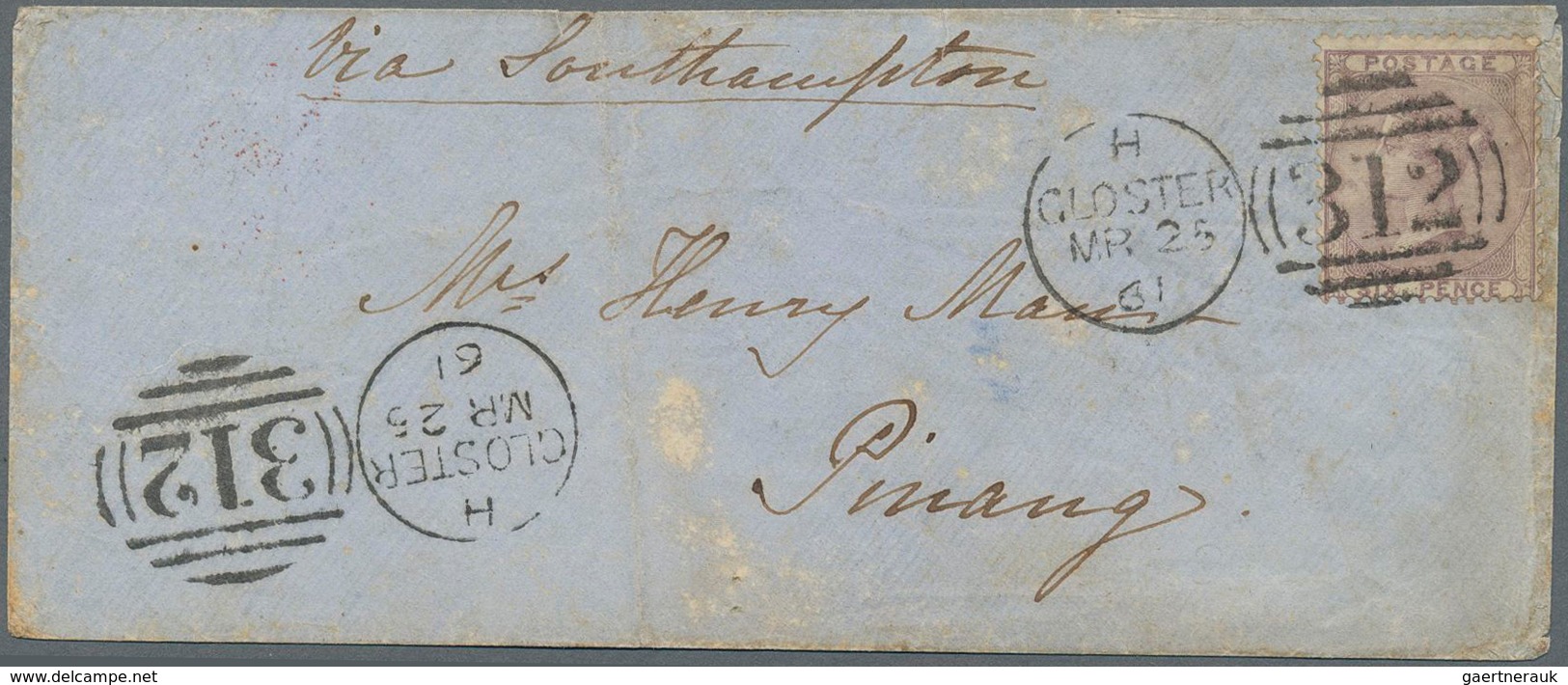 Großbritannien: 1861 Destination PENANG: Small Cover From Gloster To Penang Via London And Southampt - Other & Unclassified