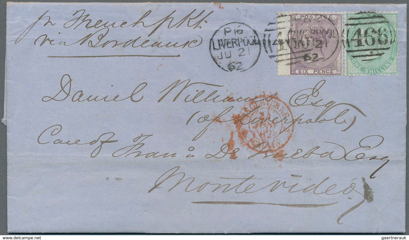 Großbritannien: 1862 Destination URUGUAY: Entire Letter From Liverpool To Montevideo, Endorsed 'per - Autres & Non Classés