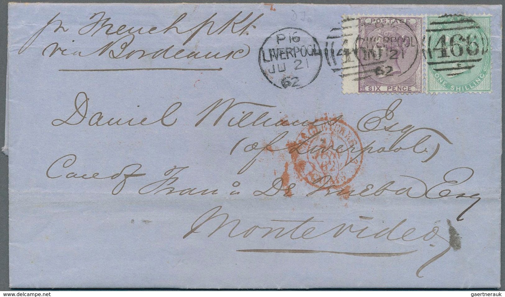 Großbritannien: 1862 Destination URUGUAY: Entire Letter From Liverpool To Montevideo, Endorsed 'per - Sonstige & Ohne Zuordnung