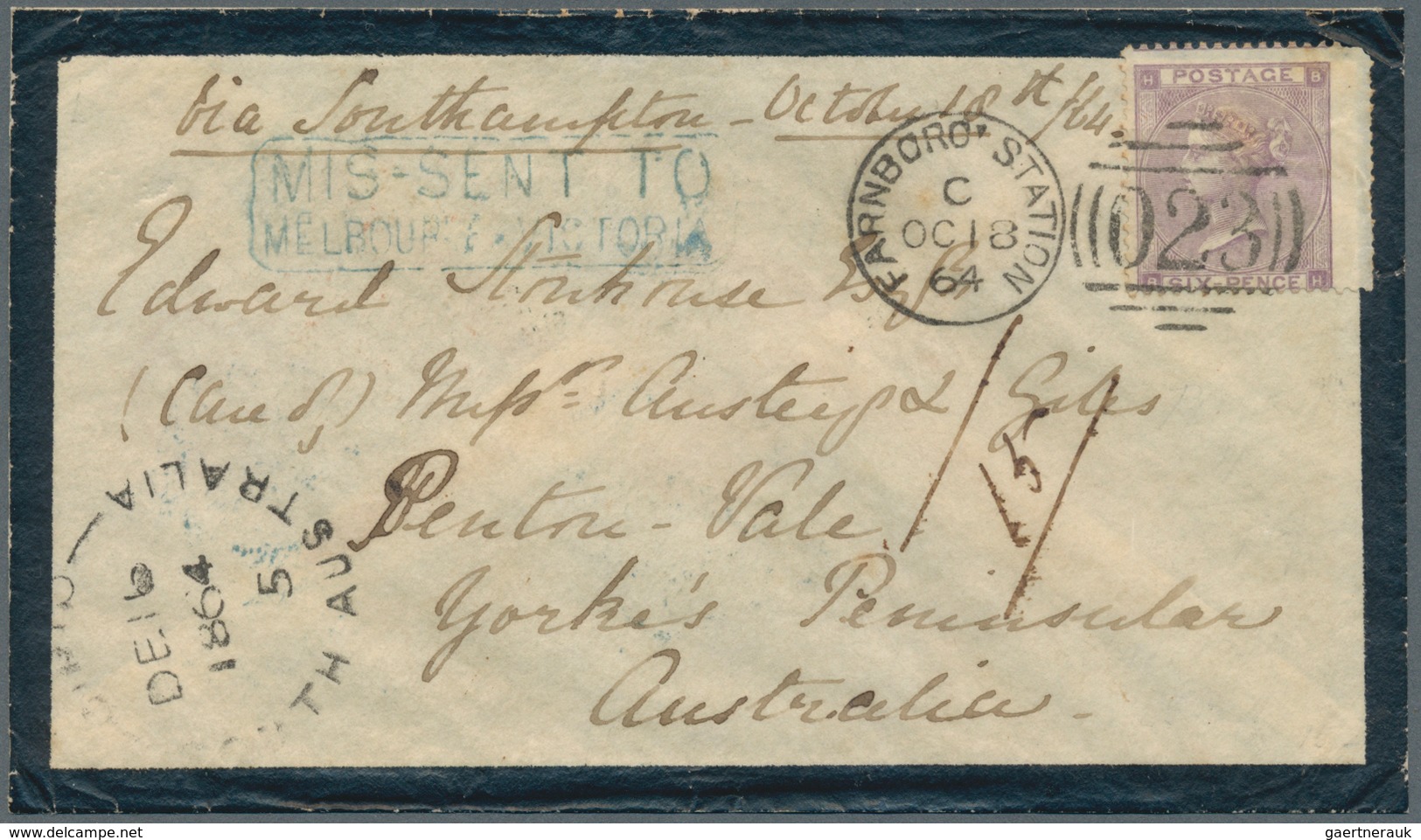 Großbritannien: 1864. Mourning Envelope Addressed To Yorke's Peninsular, Australia Bearing Great Bri - Sonstige & Ohne Zuordnung