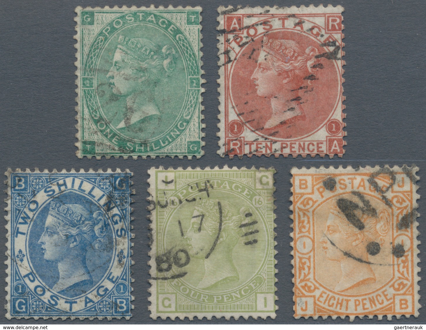 Großbritannien: 1862-1876, Five Different Used Stamps, See SG Numbers. The 1s. Of 1862 With A Short - Autres & Non Classés