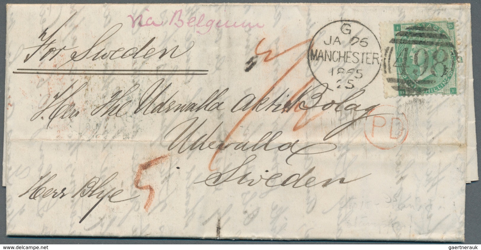 Großbritannien: 1865. Envelope Addressed To Uddevalla, Sweden Bearing SG 90, 1s Green Tied By Manche - Autres & Non Classés
