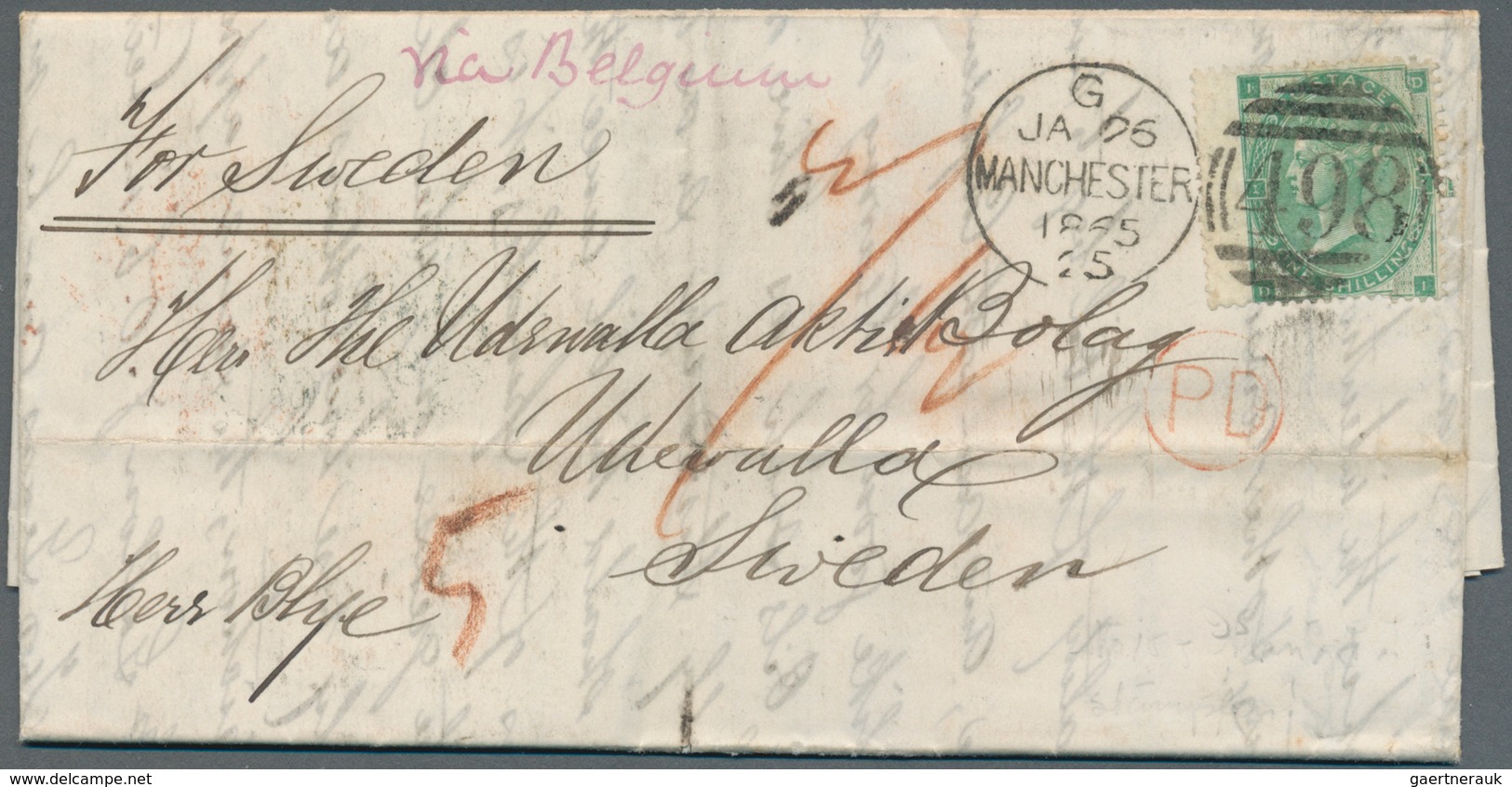 Großbritannien: 1865. Envelope Addressed To Uddevalla, Sweden Bearing SG 90, 1s Green Tied By Manche - Sonstige & Ohne Zuordnung