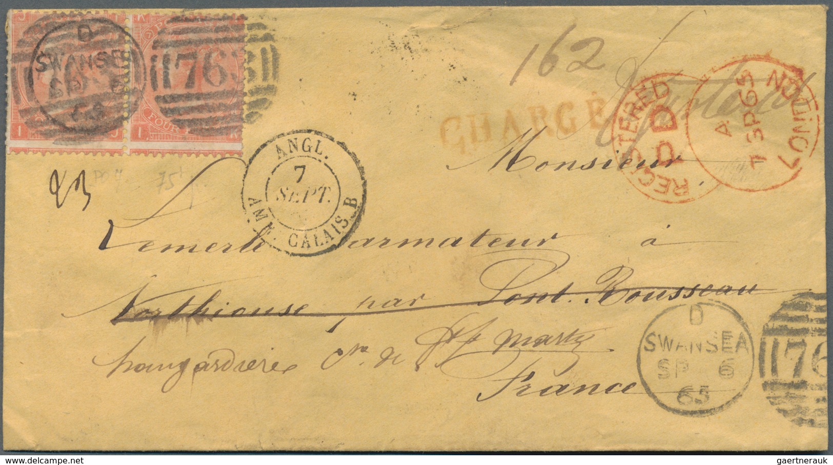Großbritannien: 1865. Registered And Charged Envelope Addressed To France Bearing SG 93, 4d Vermilio - Sonstige & Ohne Zuordnung