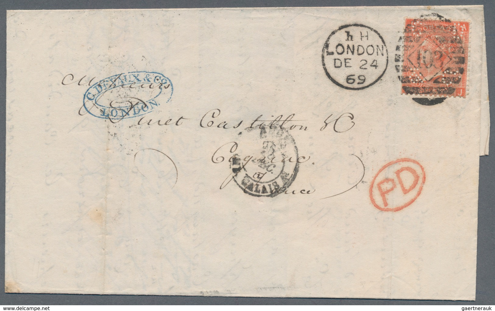 Großbritannien: 1869 (24.12.), Folded Entire Bearing Single QV 4d. Vermilion Wmkd. Large Garter (pla - Other & Unclassified
