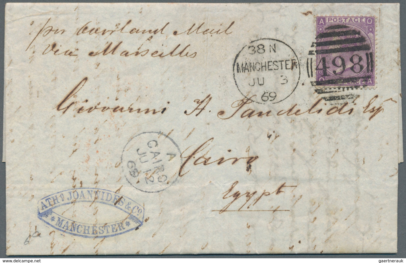 Großbritannien: 1869. Envelope Addressed To Cairo, Egypt Bearing SG 108, 6d Violet Tied By Mancheste - Sonstige & Ohne Zuordnung