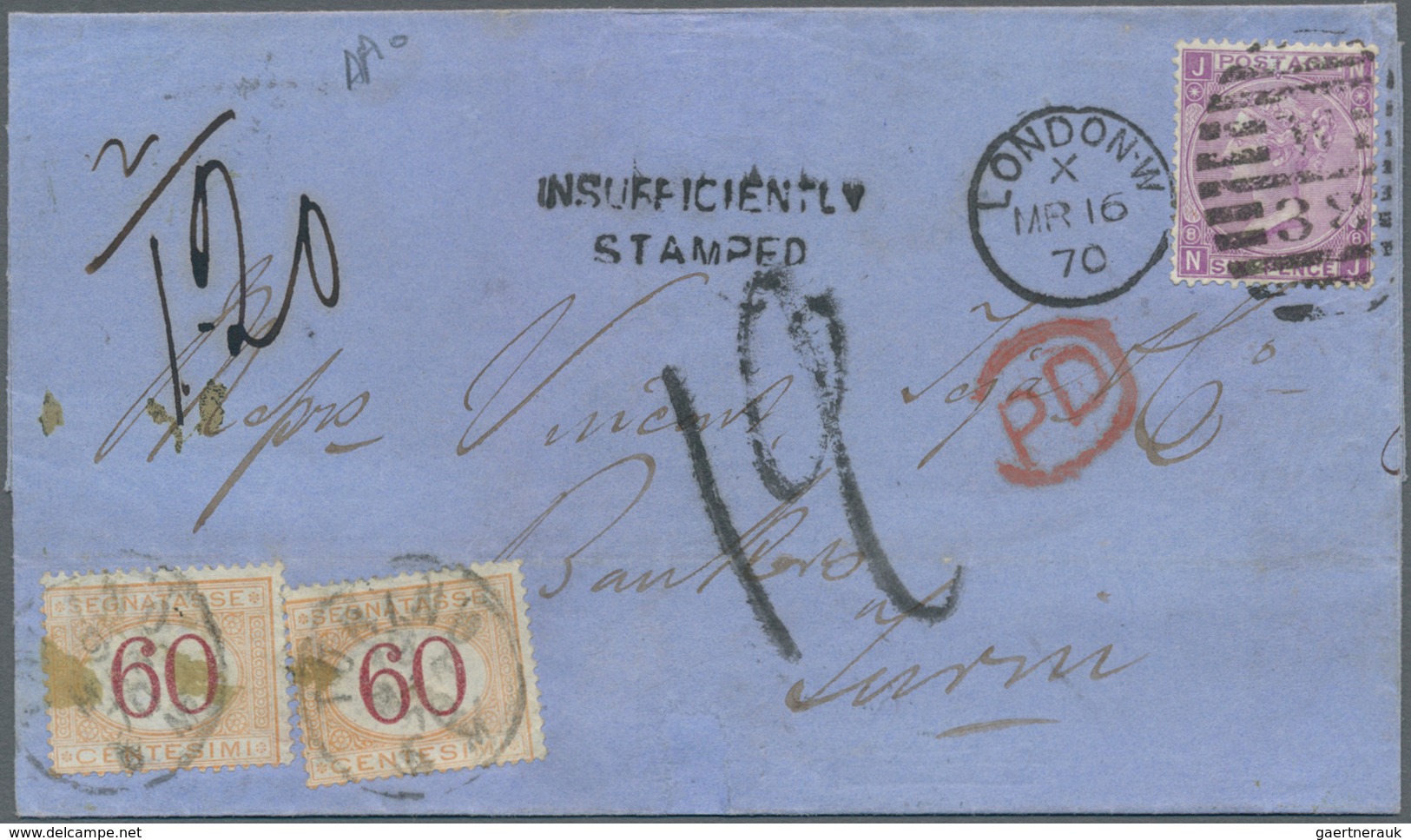Großbritannien: 1870 Destination Italy: Folded Letter From London To Turin Insufficiently Franked By - Other & Unclassified
