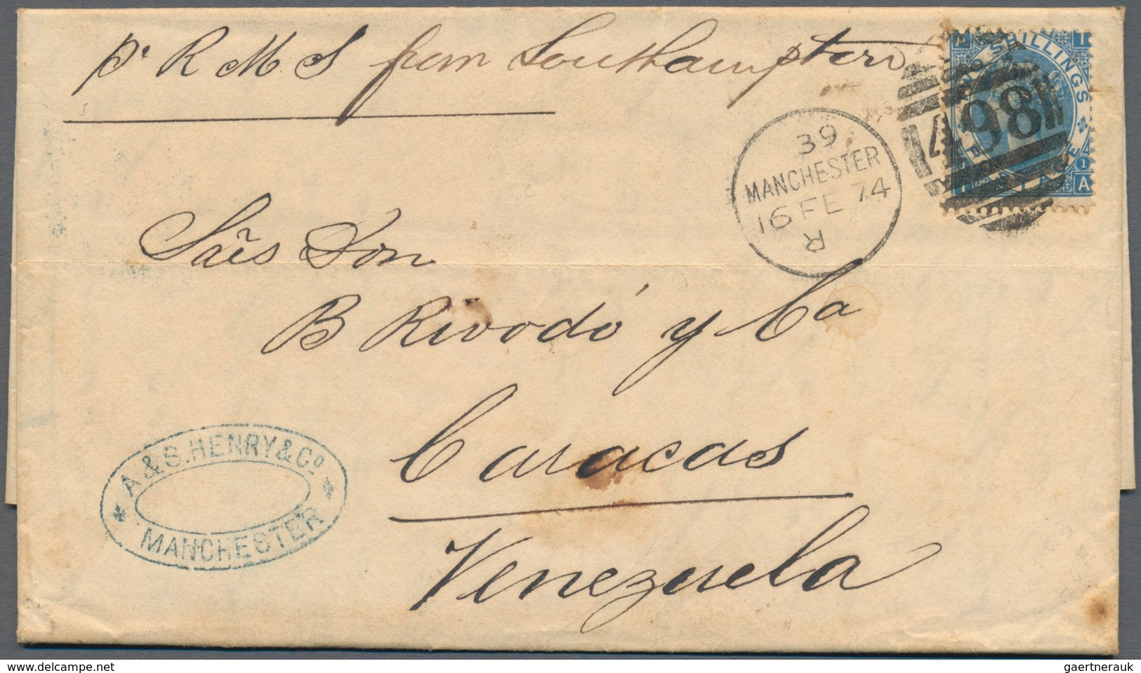 Großbritannien: 1874, 2s. Blue, Single Franking On Lettersheet From "MANCHESTER 16 FE 74" To Caracas - Other & Unclassified