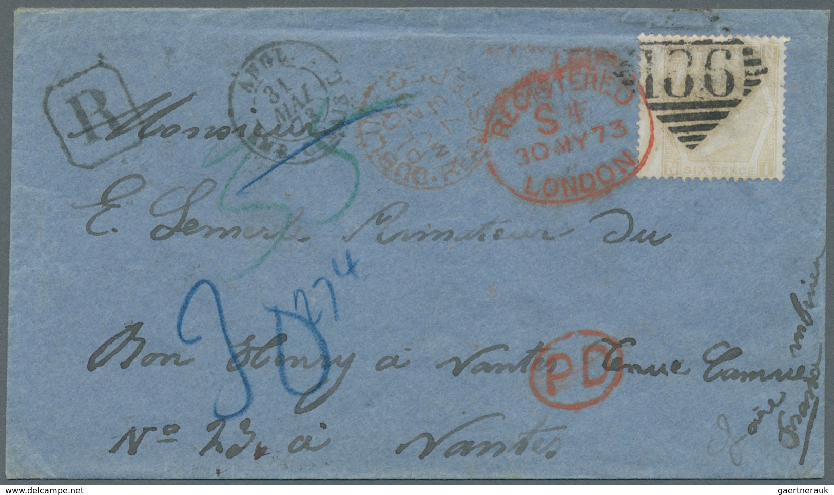 Großbritannien: 1873. Registered Envelope Addressed To France Bearing SG 123, 6d Pale Buff (plate 12 - Other & Unclassified