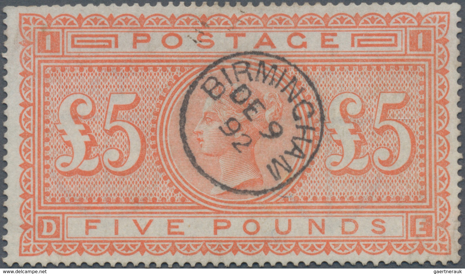 Großbritannien: 1867, £5 Orange Bearing Clear Centric Strike "BIRMINGHAM DE 9 92", Some Minor Faults - Sonstige & Ohne Zuordnung