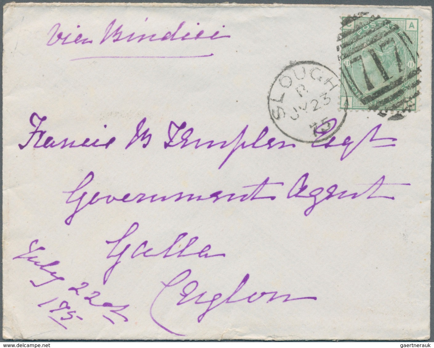 Großbritannien: 1875. Envelope Addressed To Galle Bearing Great Britain SG 150, 1s Green Tied By Slo - Other & Unclassified