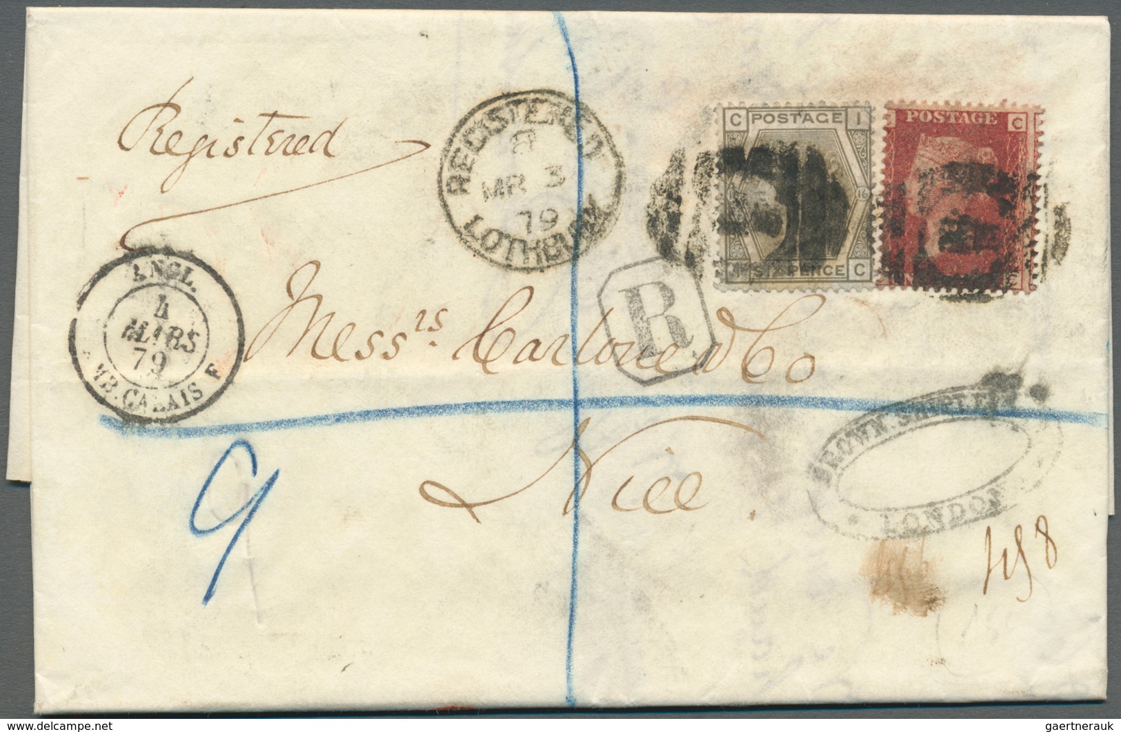 Großbritannien: 1879. Registered Envelope (a Littlie Bit Soiled) Addressed To France Bearing SG 43, - Sonstige & Ohne Zuordnung