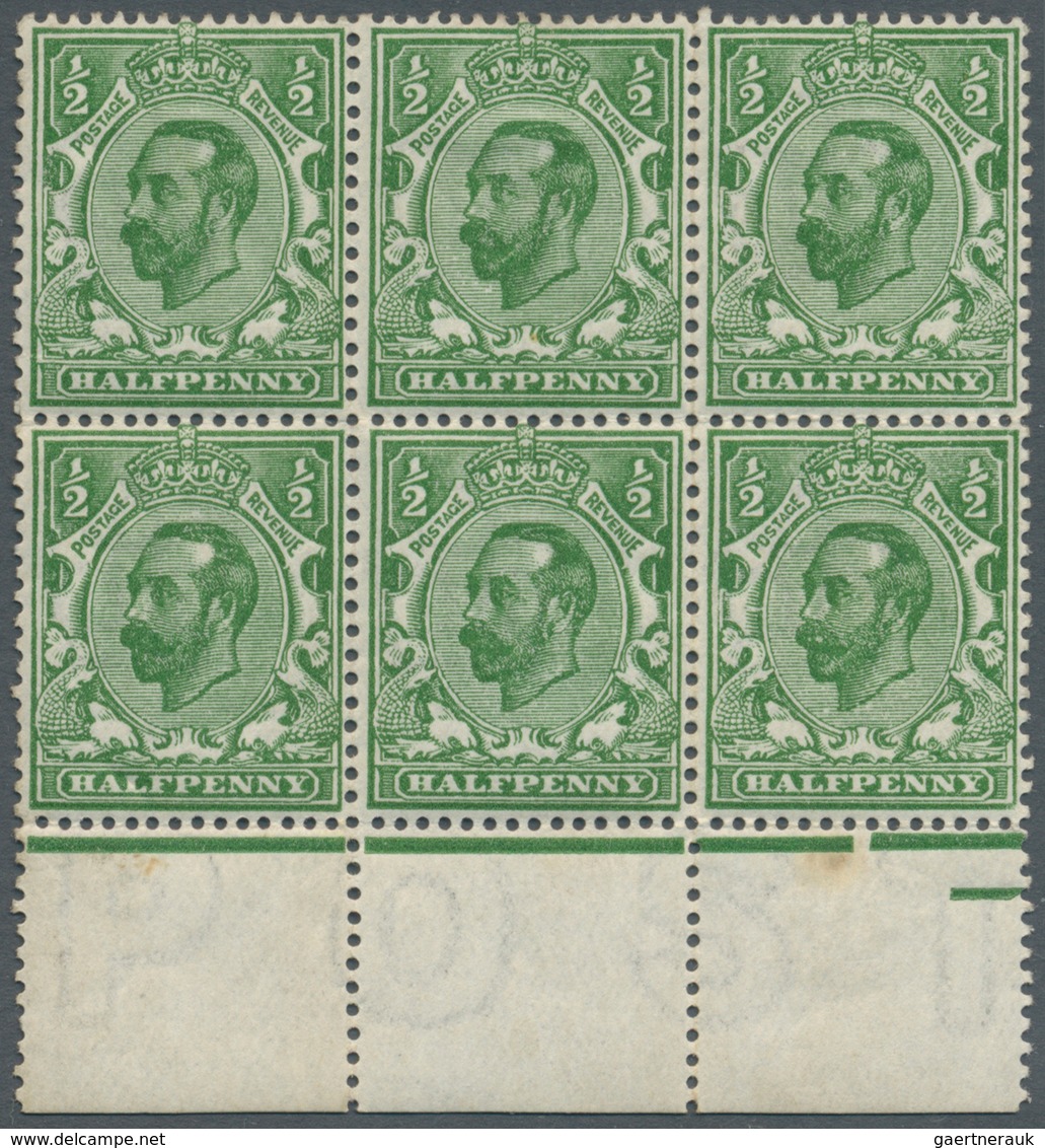 Großbritannien: 1911, ½d. Yellow-green, Bottom Marginal Block Of Six, Each Stamp Showing Variety "un - Other & Unclassified