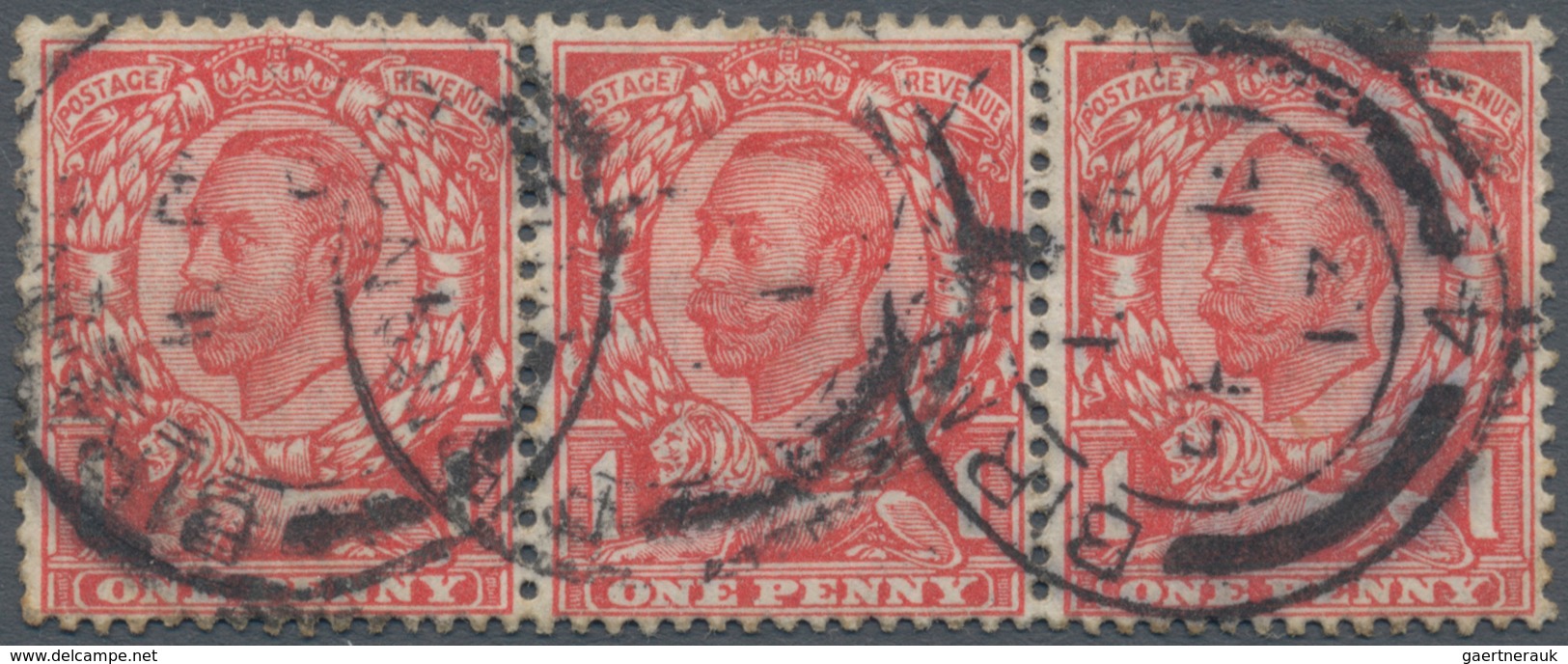 Großbritannien: 1911/1912, KGV 1d. Pale Carmine, Horizontal Strip Of Three, Right Stamp Showing Vari - Other & Unclassified