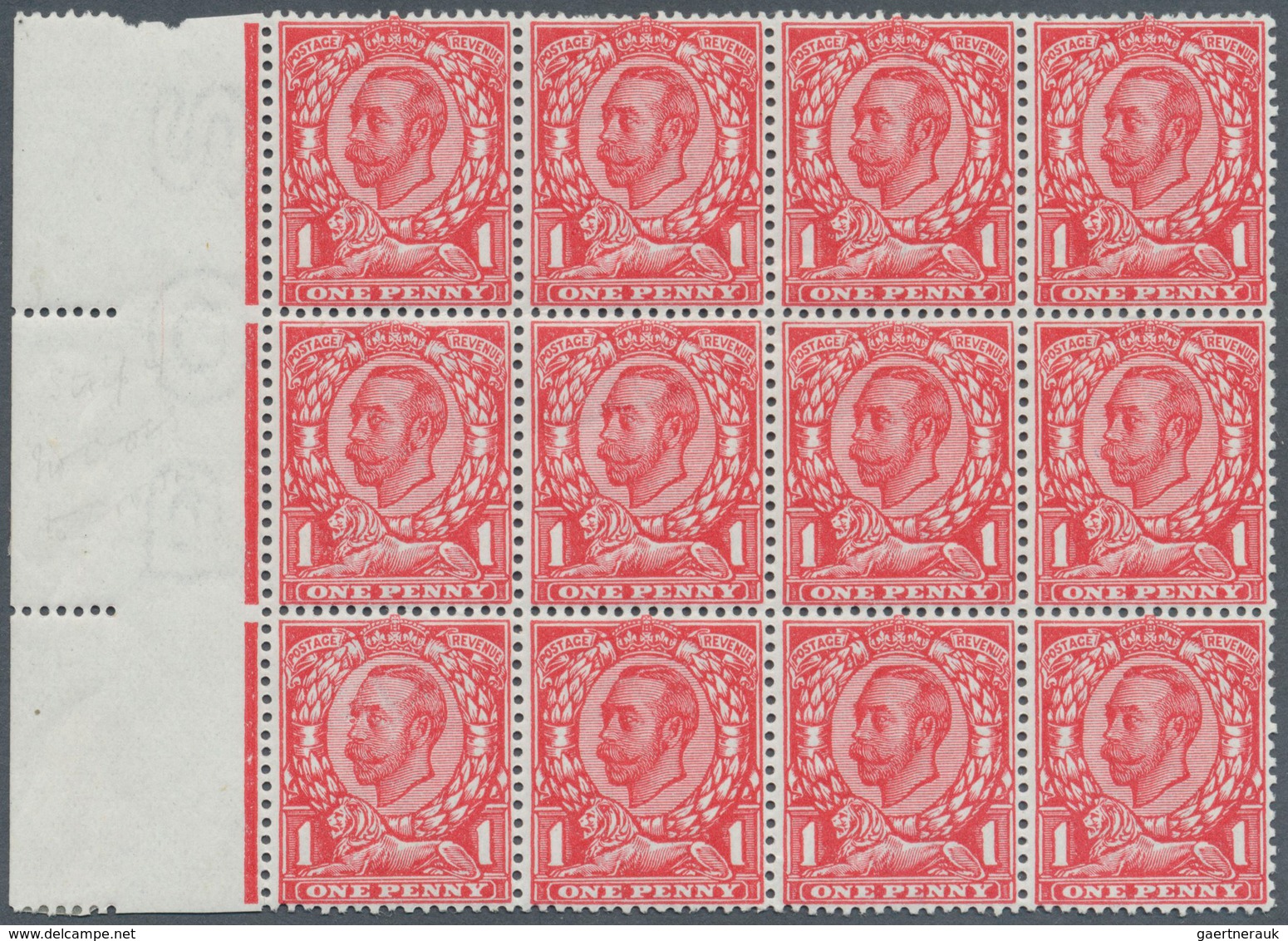 Großbritannien: 1912, 1d. Scarlet, Left Marginal Block Of Twelve, Bright Colour, Normally Perforated - Sonstige & Ohne Zuordnung