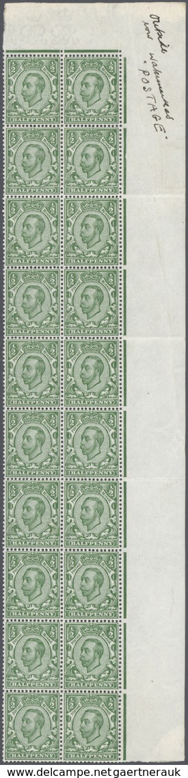 Großbritannien: 1912, ½d. Green, Wm Multiple Cypher, Marginal Vertical Block Of 20 From The Upper Ri - Sonstige & Ohne Zuordnung