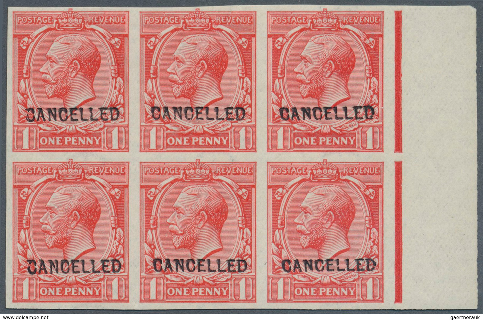 Großbritannien: 1912, 1d. Scarlet, Imperforate Marginal Block Of Six With "CANCELLED" Ovp., Unmounte - Sonstige & Ohne Zuordnung