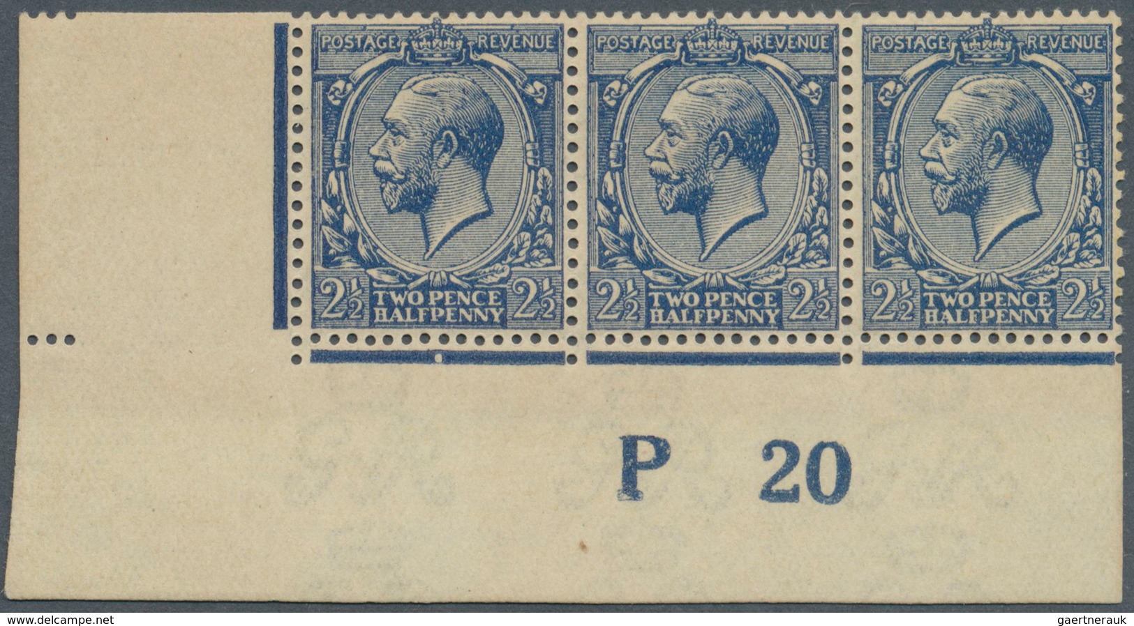 Großbritannien: 1920, 2½d. ROYAL BLUE, Marginal Strip Of Three From The Lower Left Corner Of The She - Other & Unclassified
