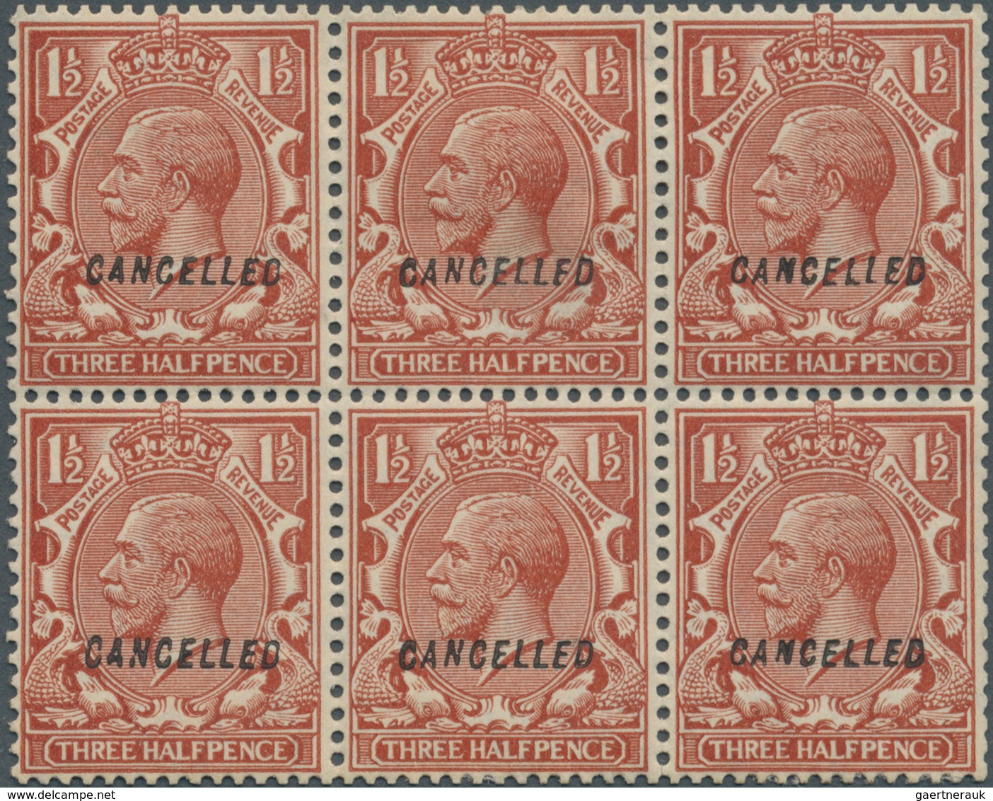 Großbritannien: 1924, 1½d. Red-brown, Wm Block Cypher, Inverted Watermark, Block Of Six With "Cancel - Other & Unclassified