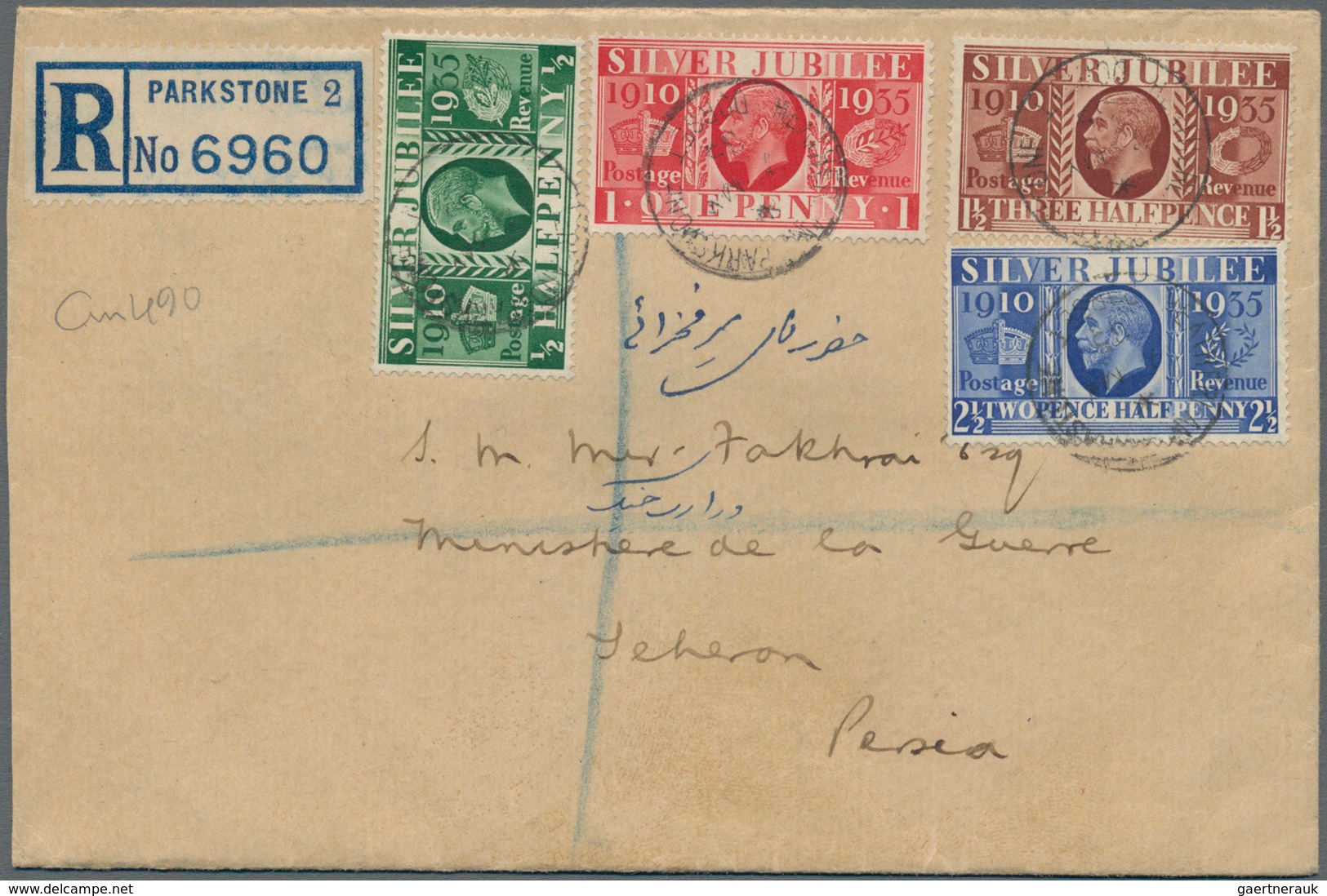 Großbritannien: 1935 Silver Jubilee Complete Set Used On Registered FDC From Parkstone To Teheran, P - Other & Unclassified