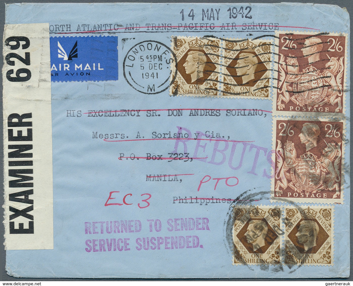 Großbritannien: 1941. Air Mail Envelope Addressed To Manila, Philippines Bearing Great Britain SG 47 - Sonstige & Ohne Zuordnung