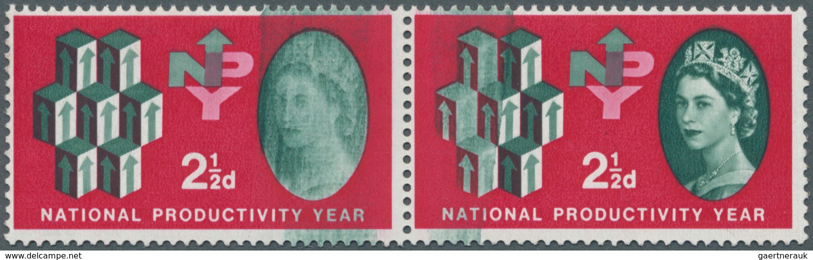 Großbritannien: 1962, 2½ D. Myrtle-green And Carmine-red, Horiz. Pair With Partial Ink Smudge Of Gre - Other & Unclassified