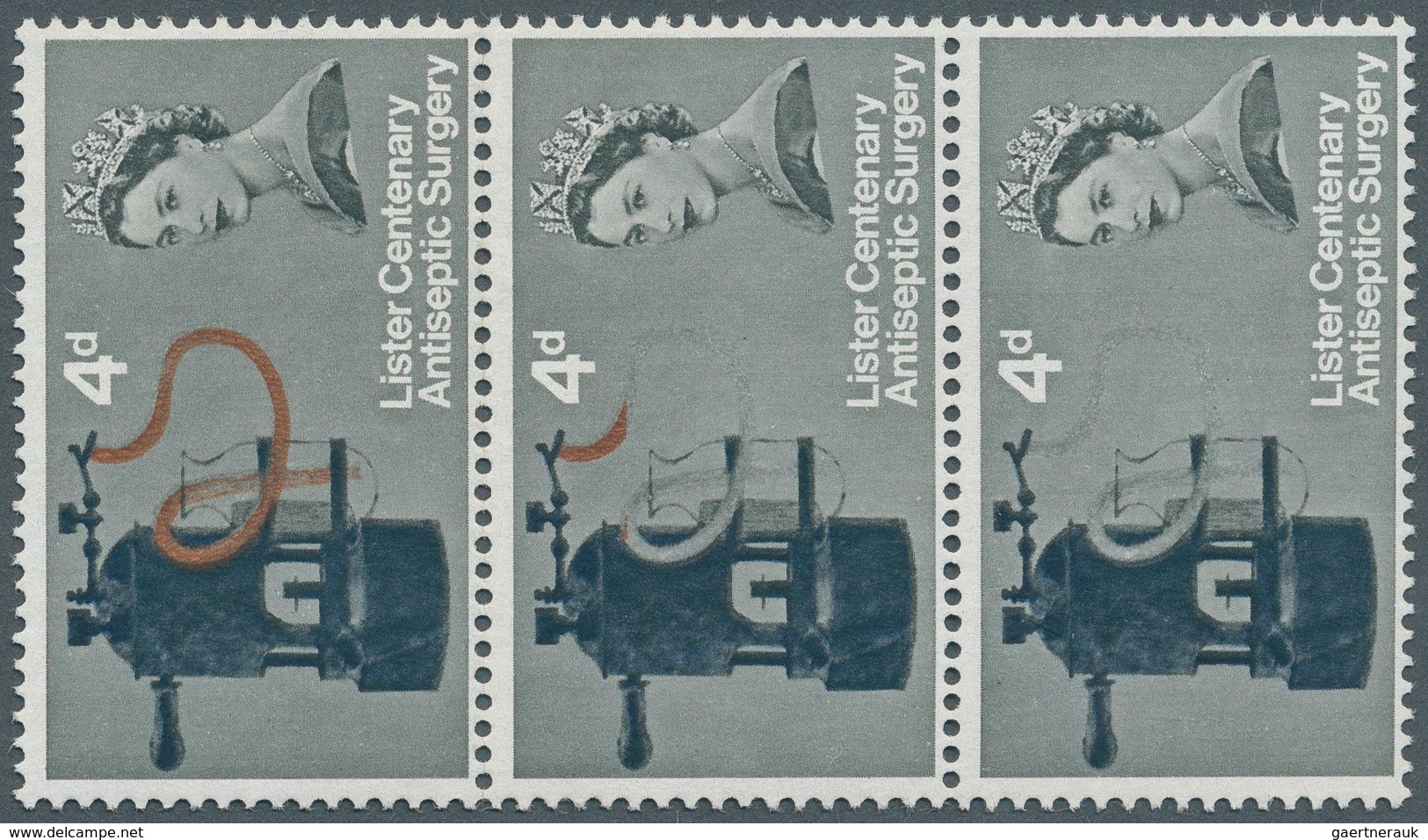 Großbritannien: 1965, 4 D. Lister's Carbolic Spray, Vertical Strip Of 3 Showing Variety "Brown-red ( - Sonstige & Ohne Zuordnung