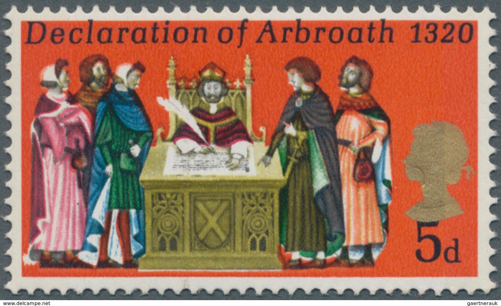 Großbritannien: 1970, 5 D. Declaration Of Arbroath With Shifted Printing Of Golden Colour (Queen's H - Sonstige & Ohne Zuordnung