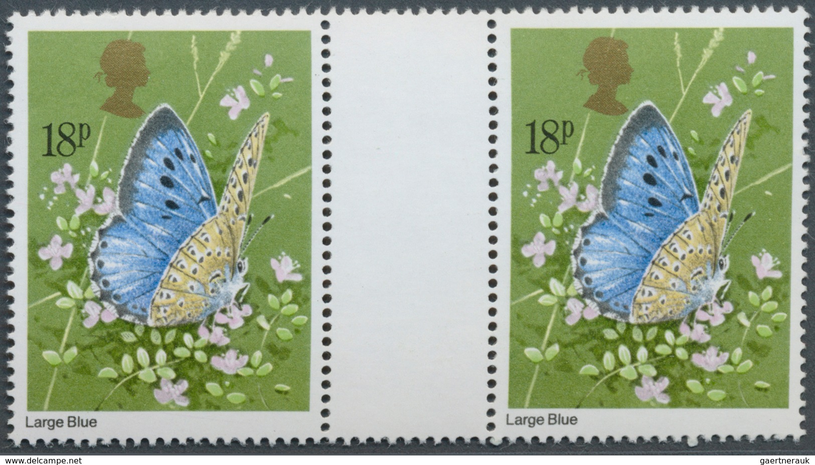 Großbritannien: 1981, 18 P. Butterflies, Horiz. Gutter Pair, With Shifted Printing Of Golden Colour, - Sonstige & Ohne Zuordnung