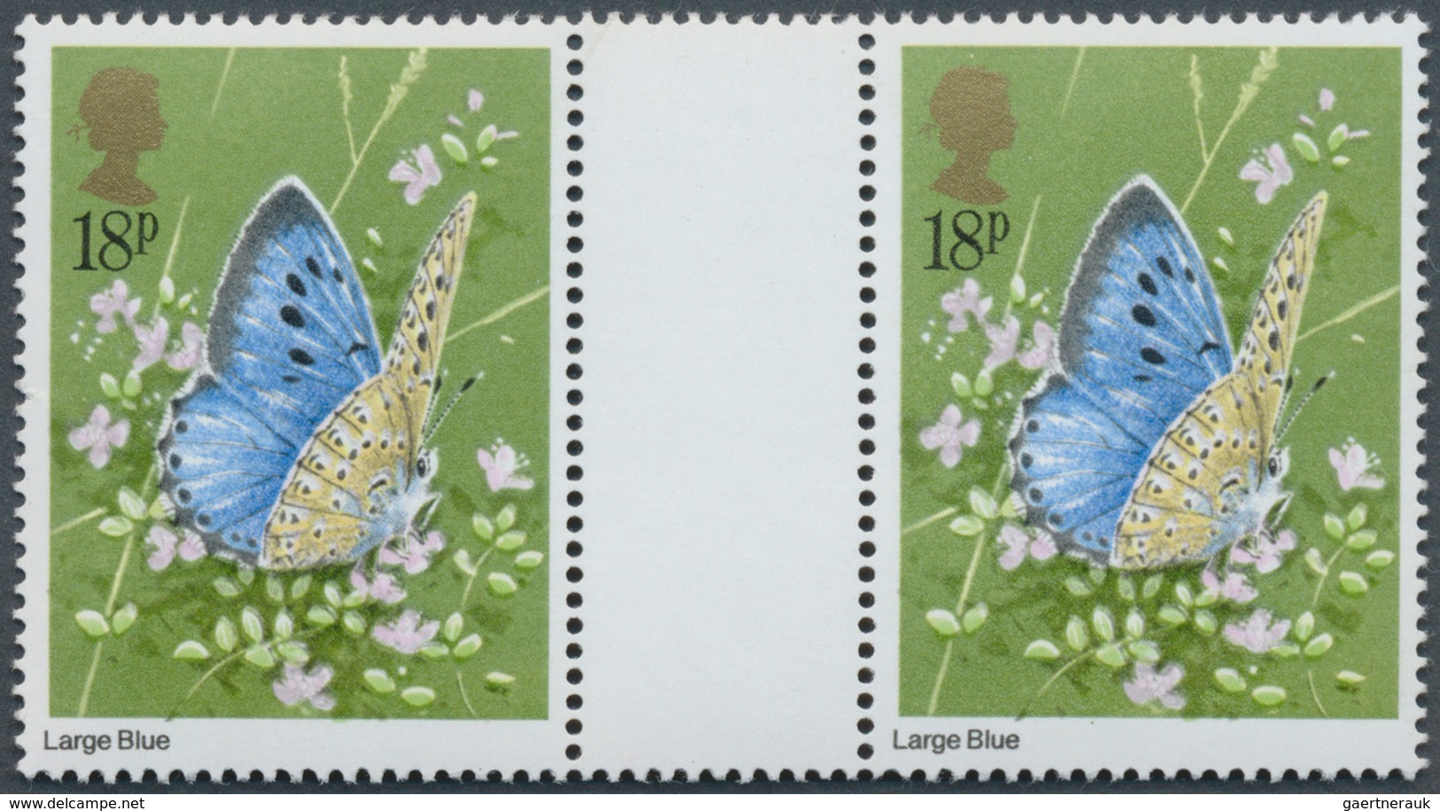 Großbritannien: 1981, 18 P. Butterflies, Horiz. Gutter Pair, With Shifted Printing Of Golden Colour, - Sonstige & Ohne Zuordnung