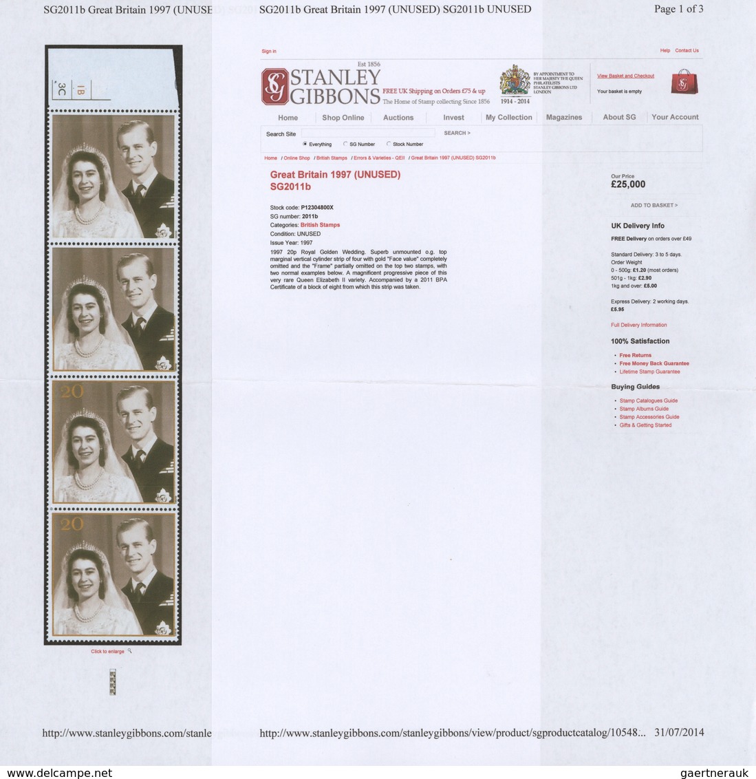 Großbritannien: 1997, 20p. Royal Golden Wedding, Vertical Cylinder Block Of Four, The Top Three Stam - Other & Unclassified