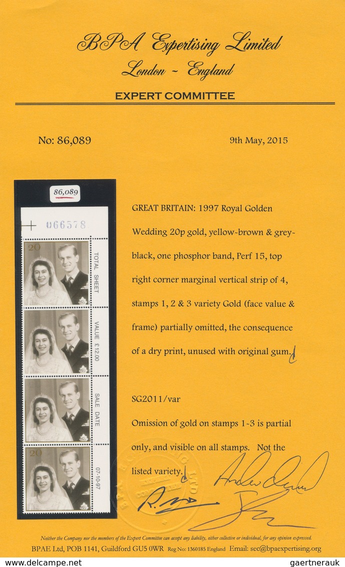 Großbritannien: 1997, 20p. Royal Golden Wedding, Vertical Cylinder Block Of Four, The Top Three Stam - Sonstige & Ohne Zuordnung